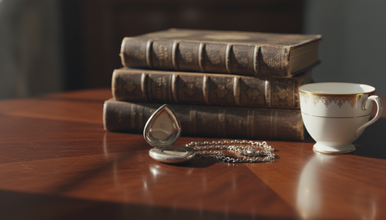 Antique items on polished wooden surface